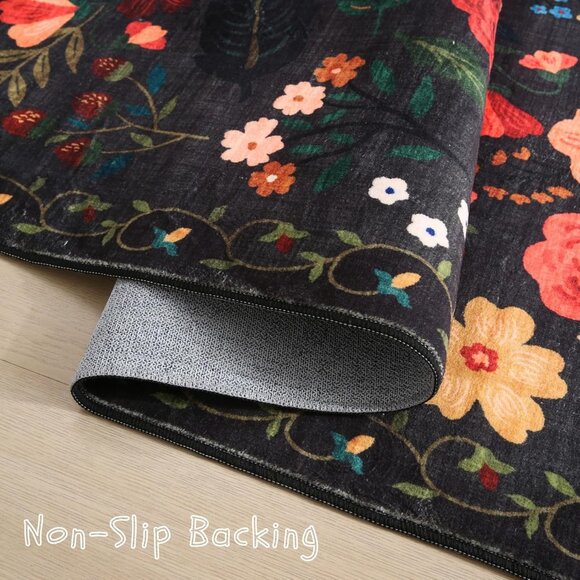 New 5x7 Black Area Rug, Washable Vintage Floral Non-Slip Carpet for Any Room - Picture 5 of 9